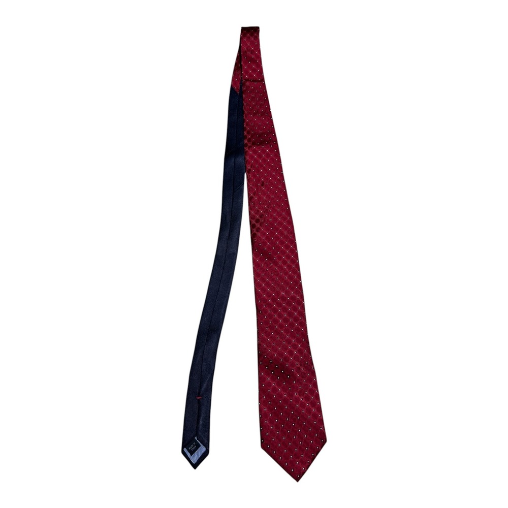 Tommy Hilfiger Mens Silk Necktie Burgundy Geometric Pattern Formal Business Tie
